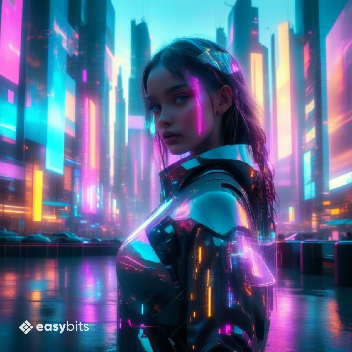 Woman from the future standing in front of a colourful street