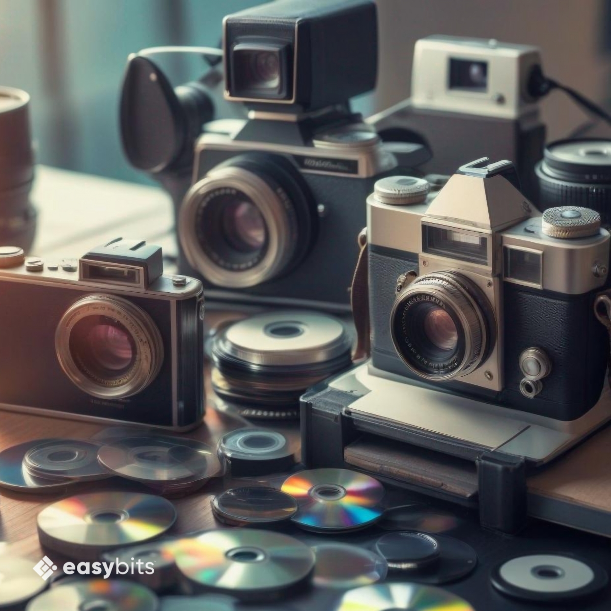 Old cameras and CDs laying on a wooden table